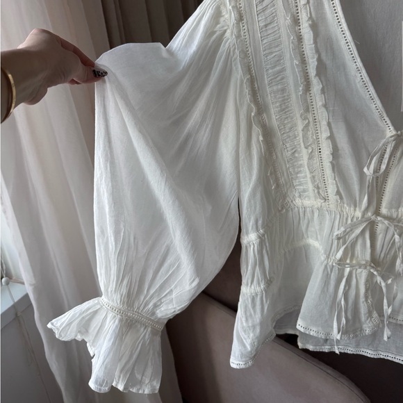 Zara ZW Romantic Ladder Stitch Blouse Oyster White M NWT - Picture 3 of 14